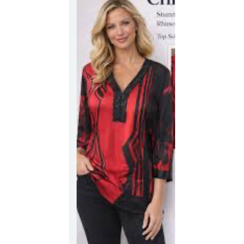 Chicos Red Black Abstract Beaded Tunic Top 3/4 Sleeve Size 3 XL 16/18